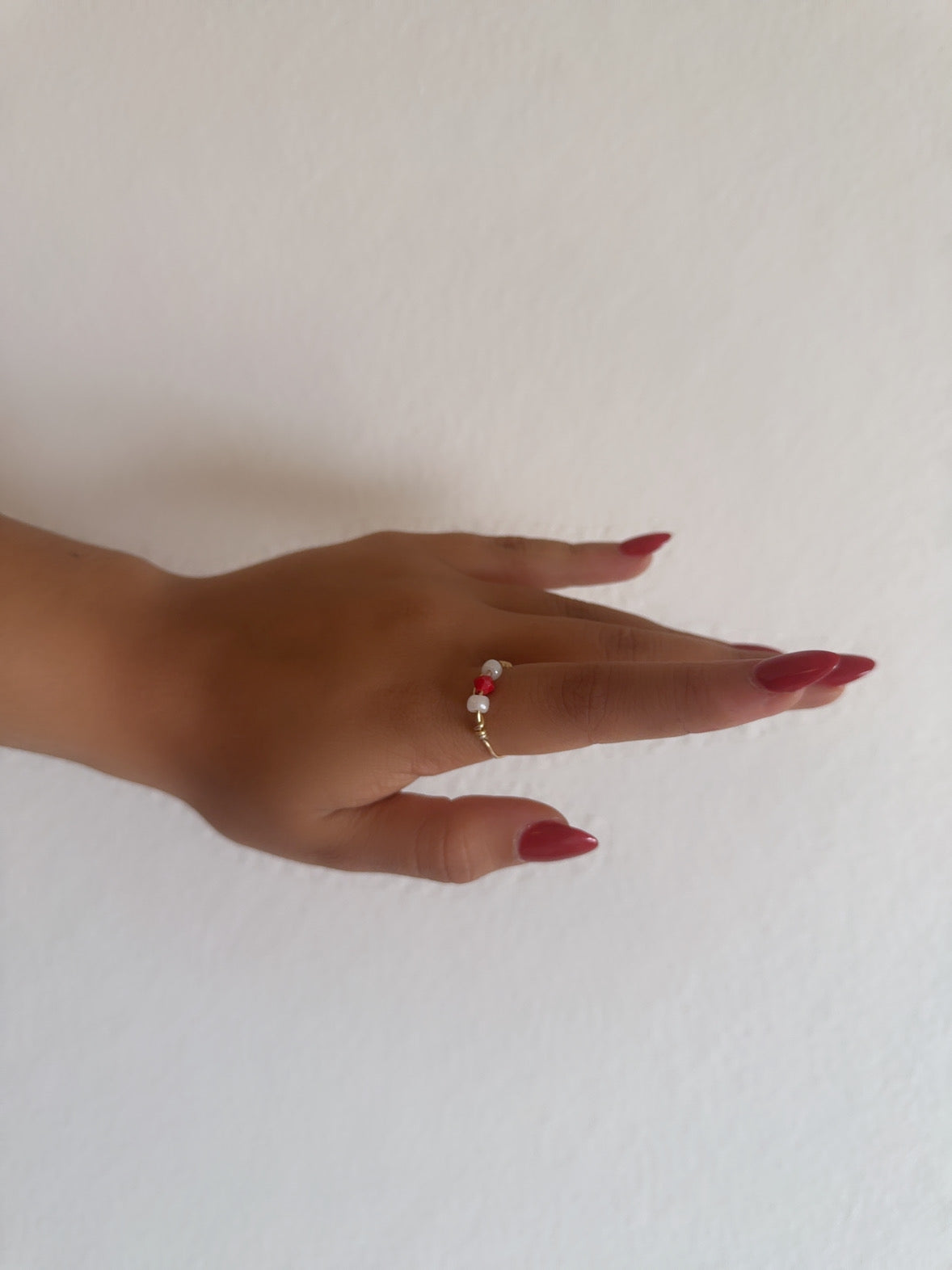 Handmade Crimson and White Holiday Ring with Gold Accent