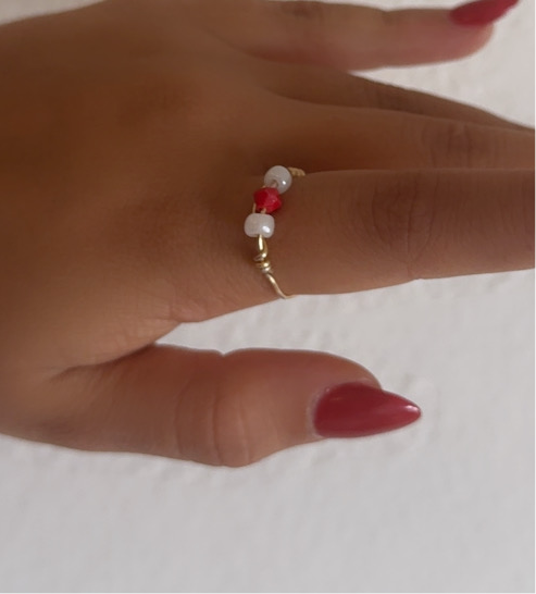 Handmade Crimson and White Holiday Ring with Gold Accent