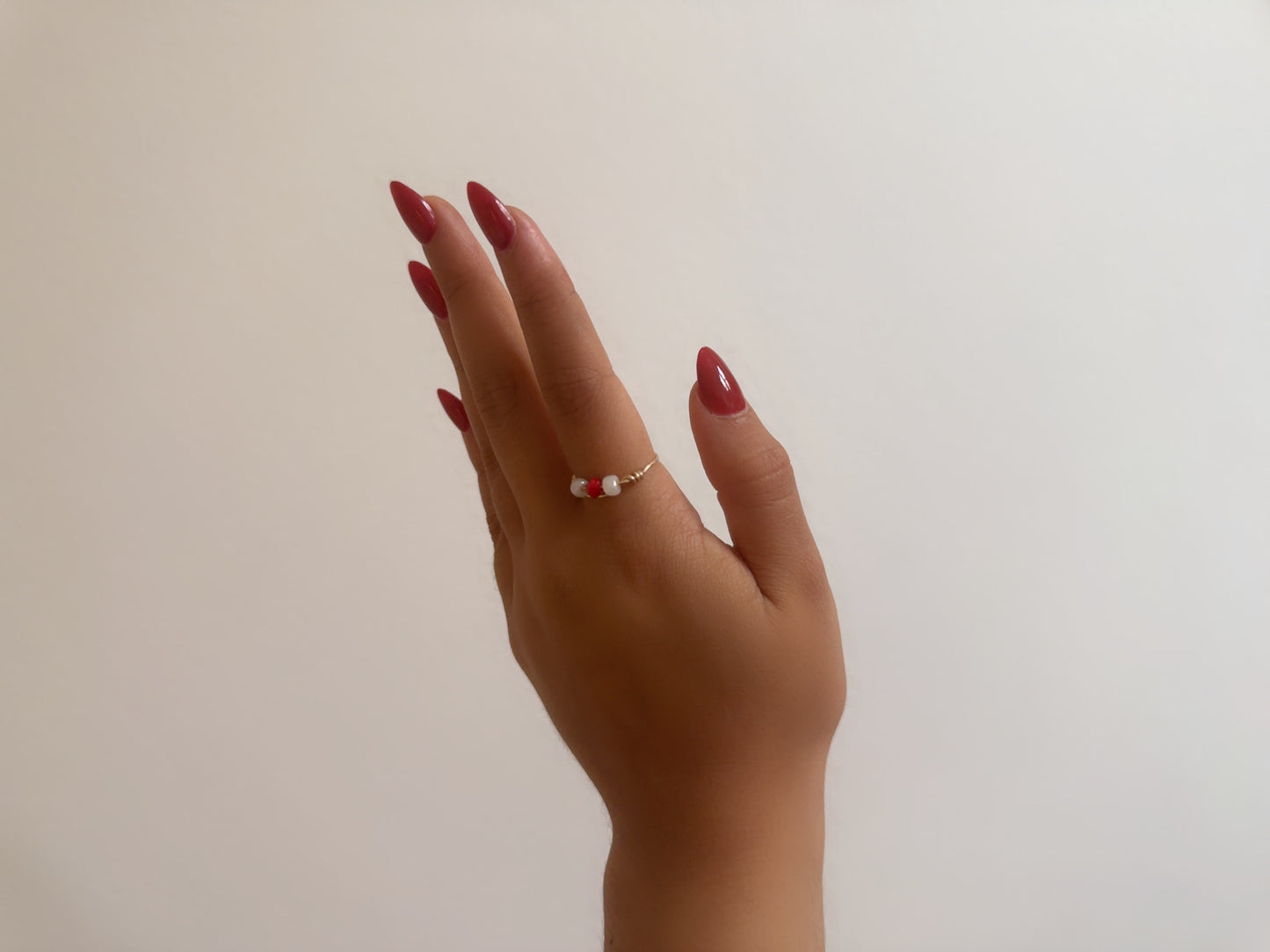 Handmade Crimson and White Holiday Ring with Gold Accent