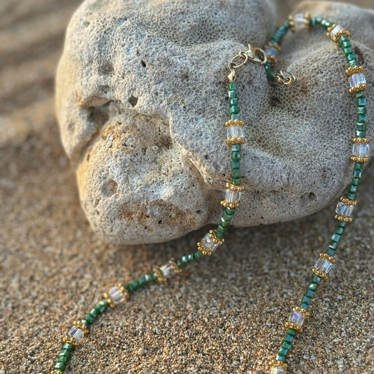 Emerald Hue Beaded Handmade Necklace with Gold Accent