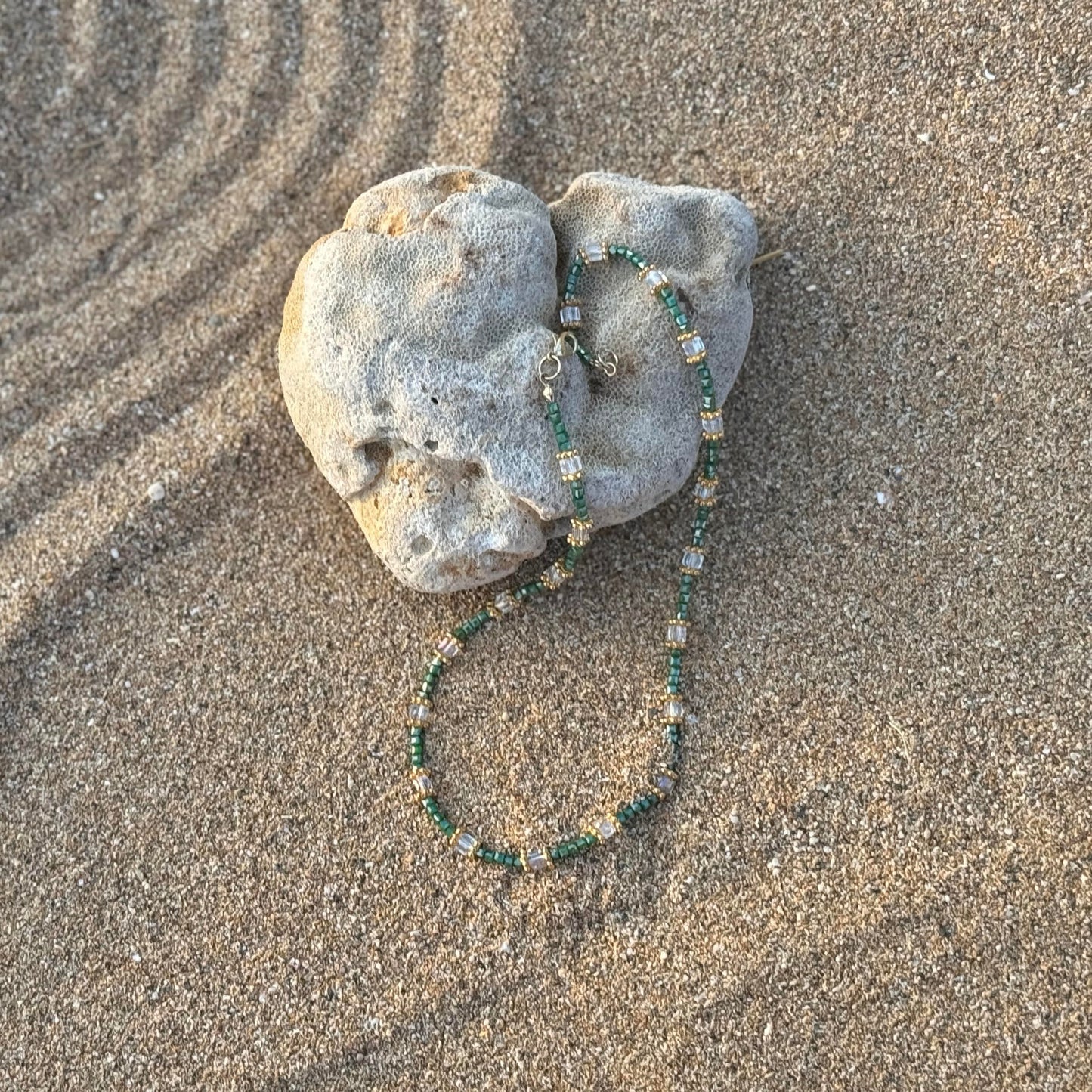 Emerald Hue Beaded Handmade Necklace with Gold Accent