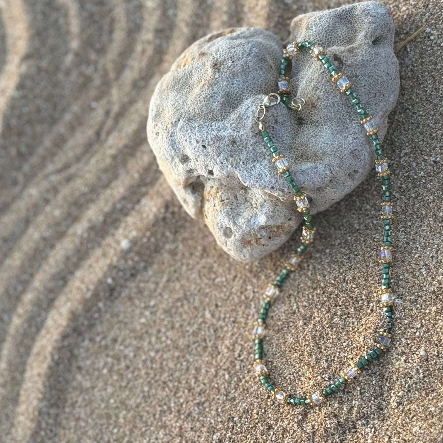 Emerald Hue Beaded Handmade Necklace with Gold Accent